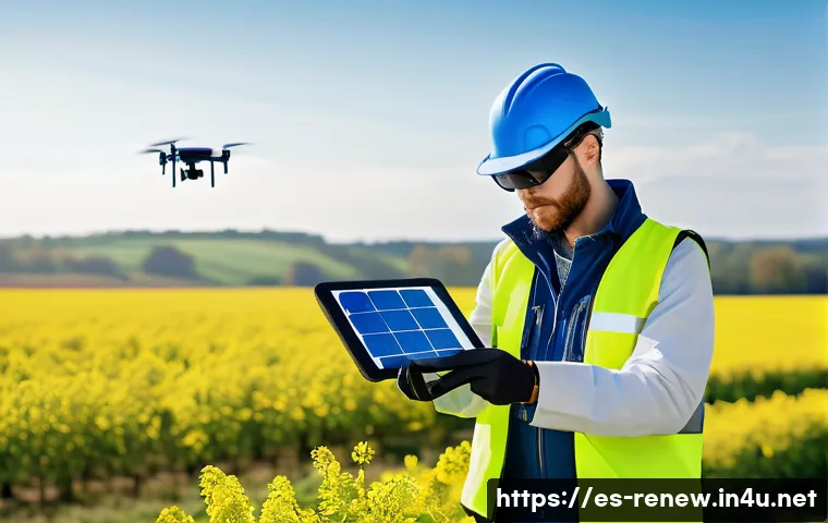 신재생에너지발전설비 현장 업무에서의 꿀팁 - A professional renewable energy technician wearing ergonomic safety gear including a helmet, gloves,...