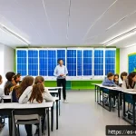 신재생에너지발전설비 필기시험 준비 시 추천 교재 - A detailed educational scene showing a modern classroom in Spain focused on renewable energy studies...