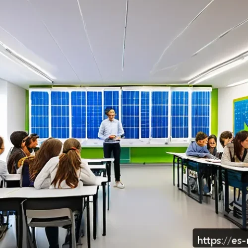 신재생에너지발전설비 필기시험 준비 시 추천 교재 - A detailed educational scene showing a modern classroom in Spain focused on renewable energy studies...