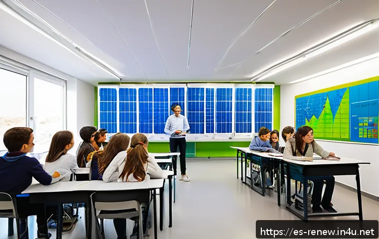 신재생에너지발전설비 필기시험 준비 시 추천 교재 - A detailed educational scene showing a modern classroom in Spain focused on renewable energy studies...